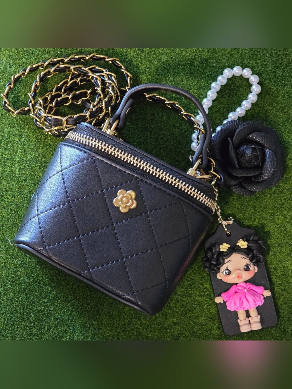 Black Quilted Top-Handle Crossbody Bag with Gold Hardware